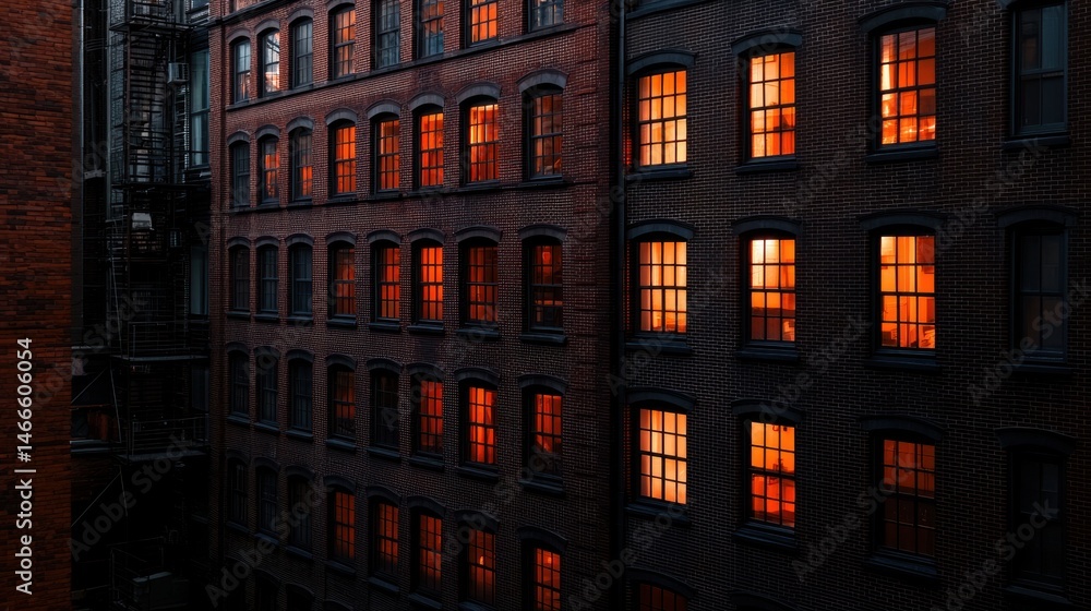 The image shows a row of tall brick buildings with many windows illuminated from within. The image shows a row of tall brick buildings with many windows illuminated from within.