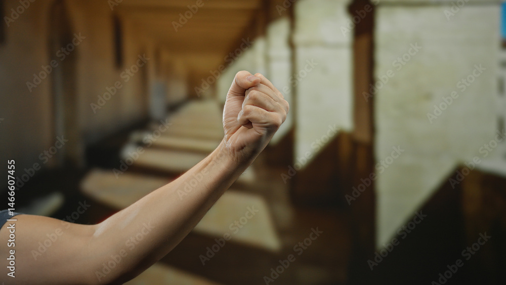Obraz premium Man holding fist in city street with focus on hand showing determination against blurred outdoor background.