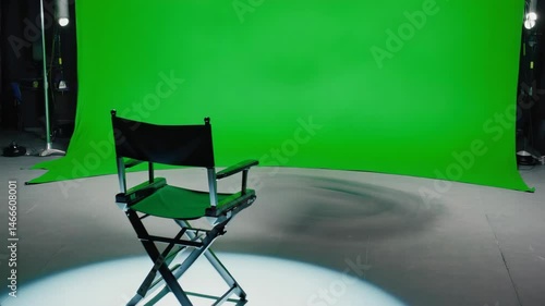 Filming setup with empty chair and green backdrop