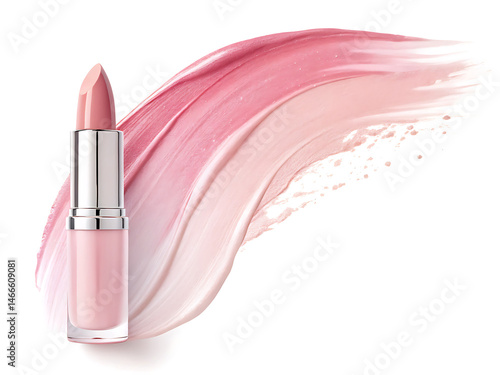 Swatch of creamy pink lipstick with matching silver tube on white