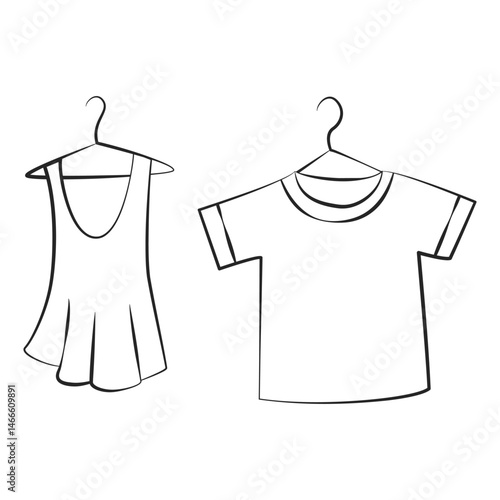 Clothes on hangers in a linear design. Dress and T-shirt on a hanger.
