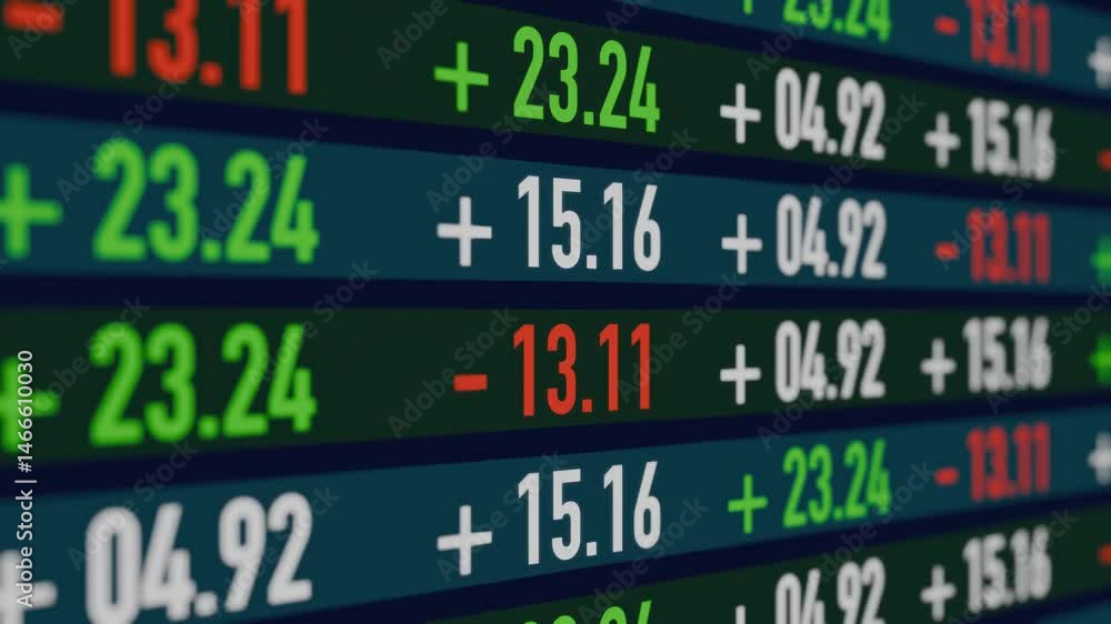 Numbers of data price moving plus and minus financial stock economy market screen display investment trading real time.