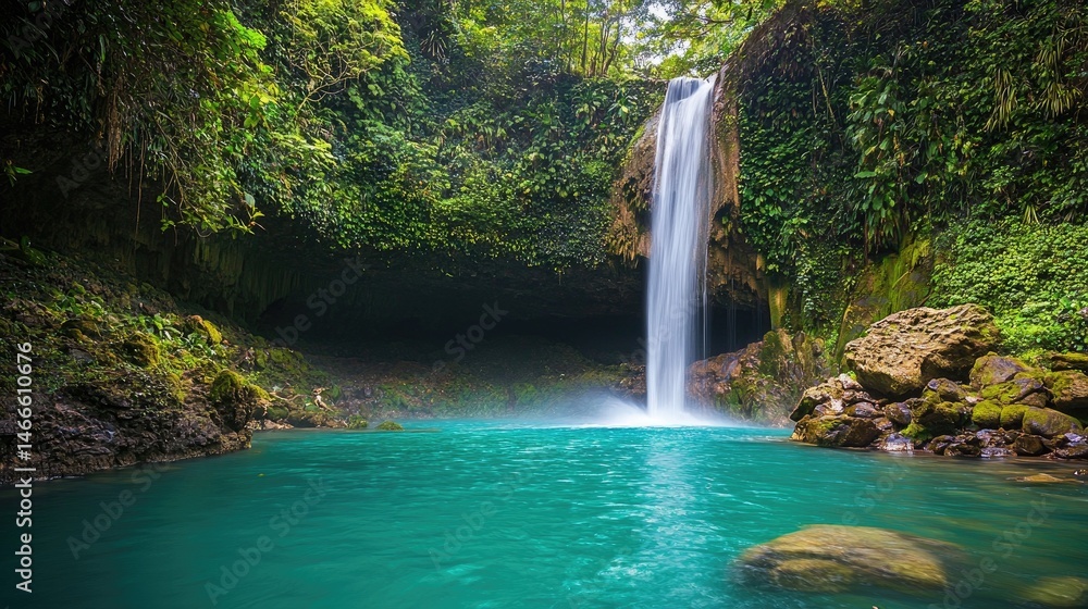 Fototapeta premium Lush waterfall cascading into a vibrant turquoise pool.