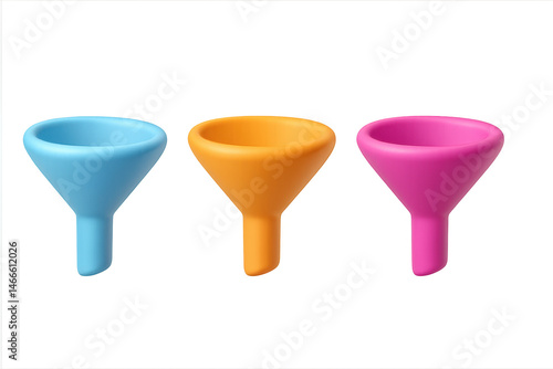 Three colorful funnels on black background - blue, orange, pink