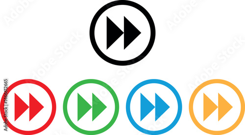 Colorful fast forward button icon set in five colors . Media fast forward button icon . Vector illustration