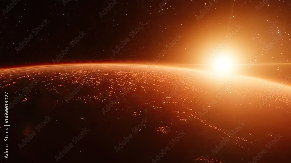 Obraz premium Sunrise over a distant, fiery planet.