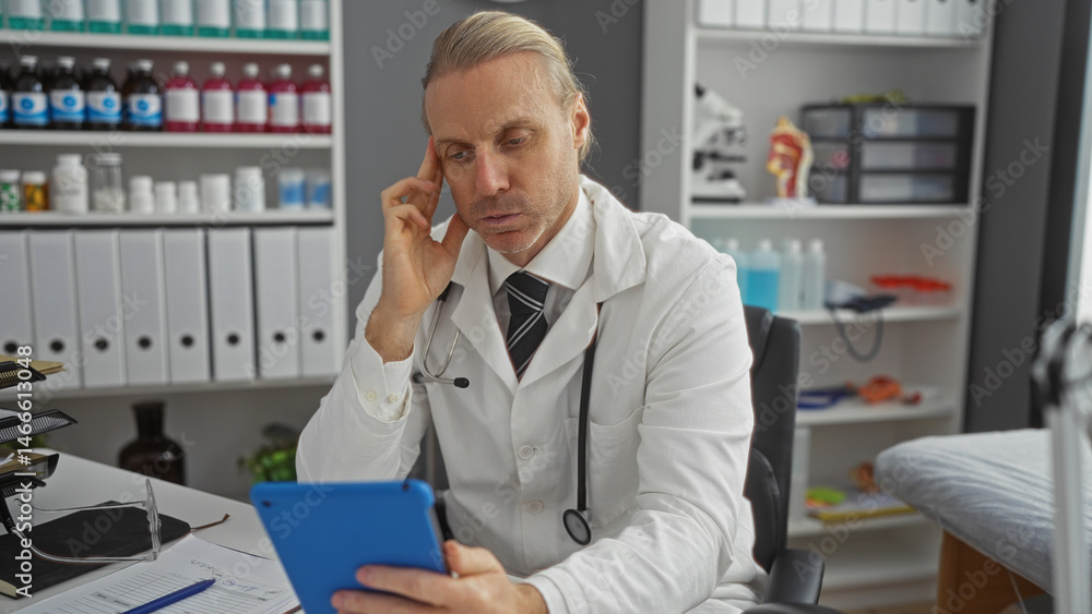 Doctor analyzing data on a tablet in a clinic office with shelves of medical supplies and folders, portraying a focused middle-aged man in a professional workplace setting. Doctor analyzing data on a tablet in a clinic office with shelves of medical supplies and folders, portraying a focused middle-aged man in a professional workplace setting.