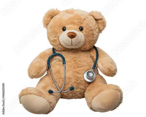 A teddy bear wearing a stethoscope around its neck sitting against a black background in a studio shot