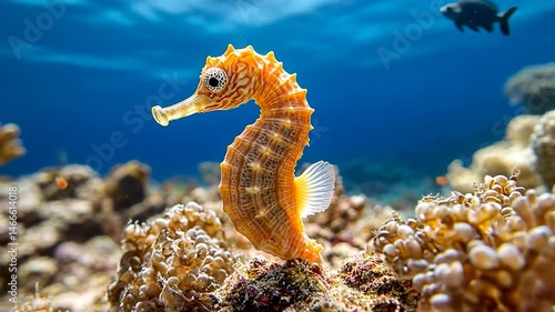 Underwater shot showcases a vibrant orange seahorse perched on coral, set against a clear blue sea with distant marine life. The coral is a mix of white and brown hues, creating a vivid and natural