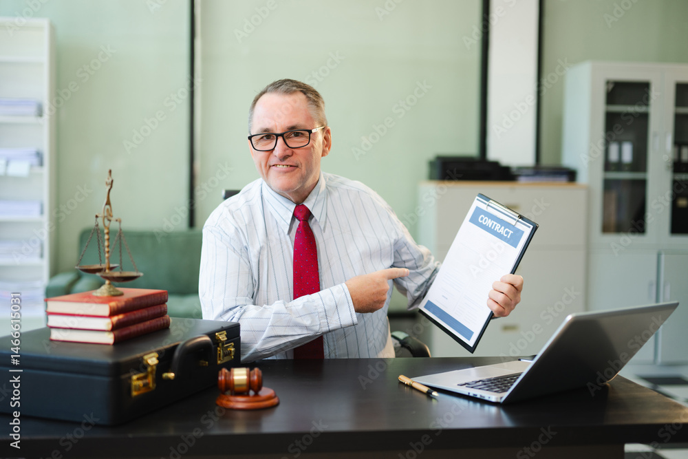 Fototapeta premium Male judge in courtroom, lawyer working in office. Perfect for business, legal advice, corporate law