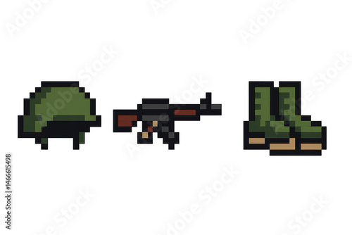 Pixel art military gear: helmet, rifle, boots - retro gaming icon set