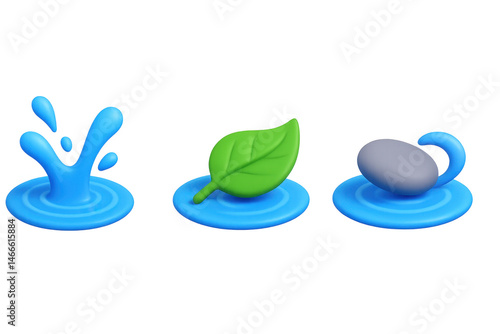 Blue water splash with green leaf and stone on isolated background