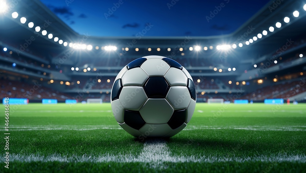 Naklejka premium Soccer ball illuminated by stadium lights at night
