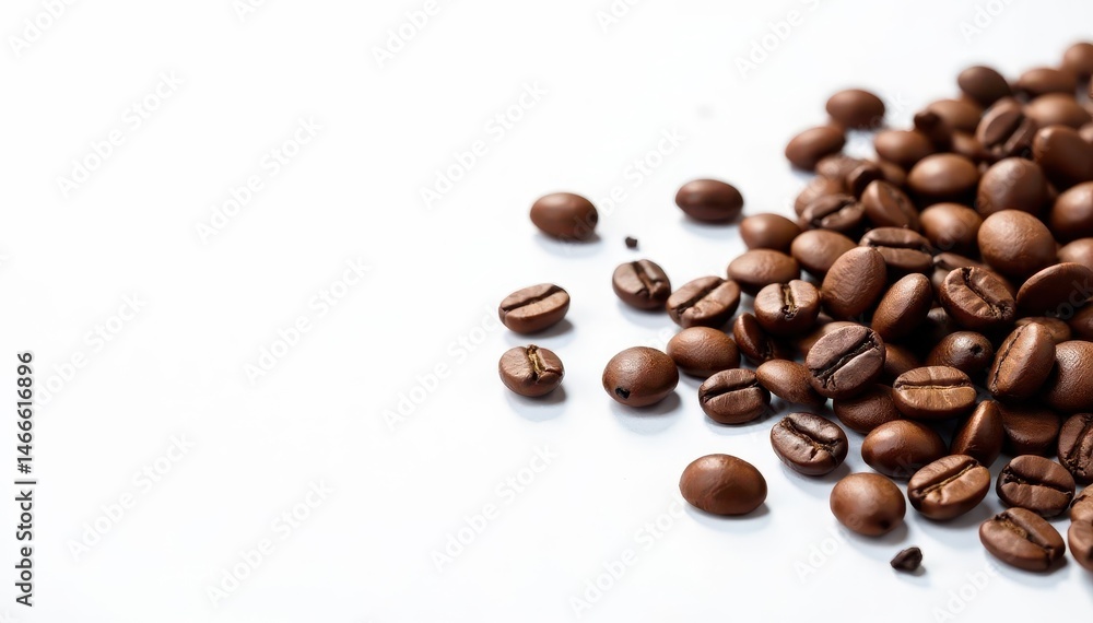 Naklejka premium Scattered coffee beans diagonally across a stark white background , aroma, composition, studio