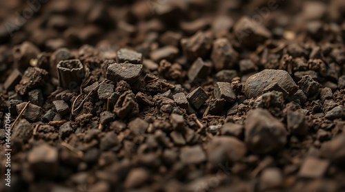 A detailed close-up of brown soil rich in texture, ideal for gardening, planting, agriculture, and landscaping uses, showing a textured composition for natural environmental projects.