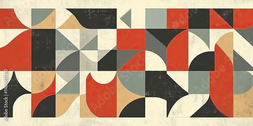 Geometric Harmony Retro Pattern in Red with Black, and Gray and Beige.