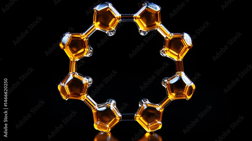 Macro image of benzene ring molecule with aromatic ring structure.