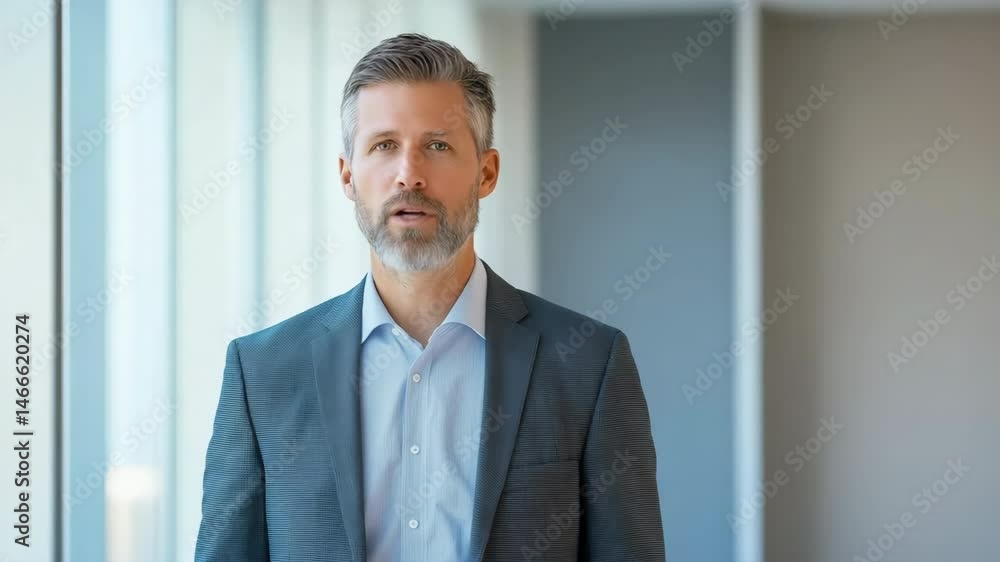 A man in a suit and tie is smiling in front of a window. Concept of professionalism and confidence A man in a suit and tie is smiling in front of a window. Concept of professionalism and confidence