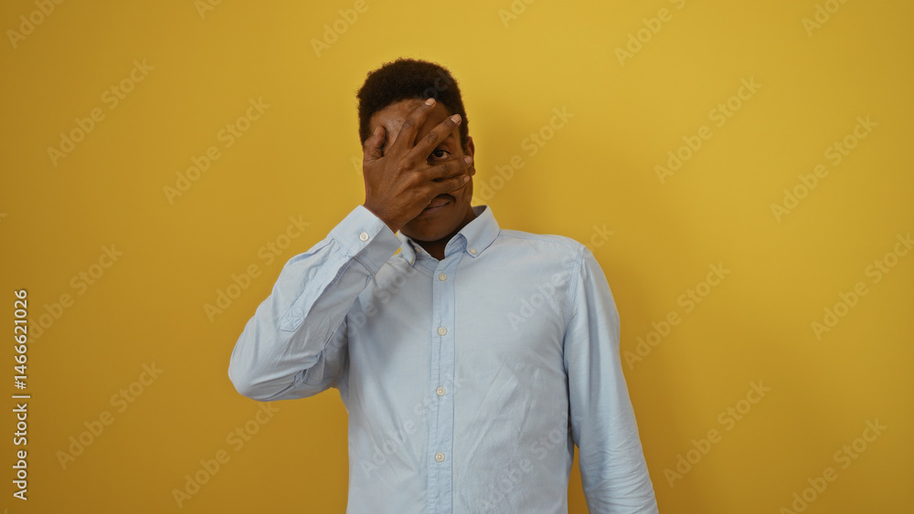 Fototapeta premium Young man with hand on face over isolated yellow background wearing blue shirt looking through fingers