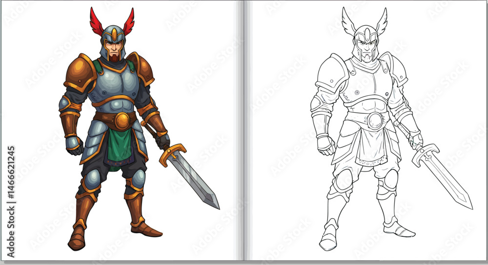 Fototapeta premium Valiant Warrior: A majestic illustration of a valiant warrior, armor clad and sword in hand, exuding strength and valor. This image, showcases intricate detail and artistry.