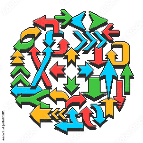 Round composition of multi colored arrows pointers. Vector illustration in pixel style on a white background