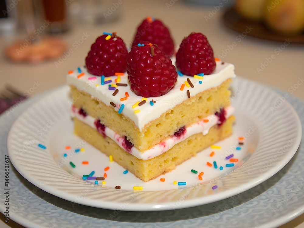 Delicious cake slice topped with fresh raspberries and sprinkles served during a festive gathering Delicious cake slice topped with fresh raspberries and sprinkles served during a festive gathering