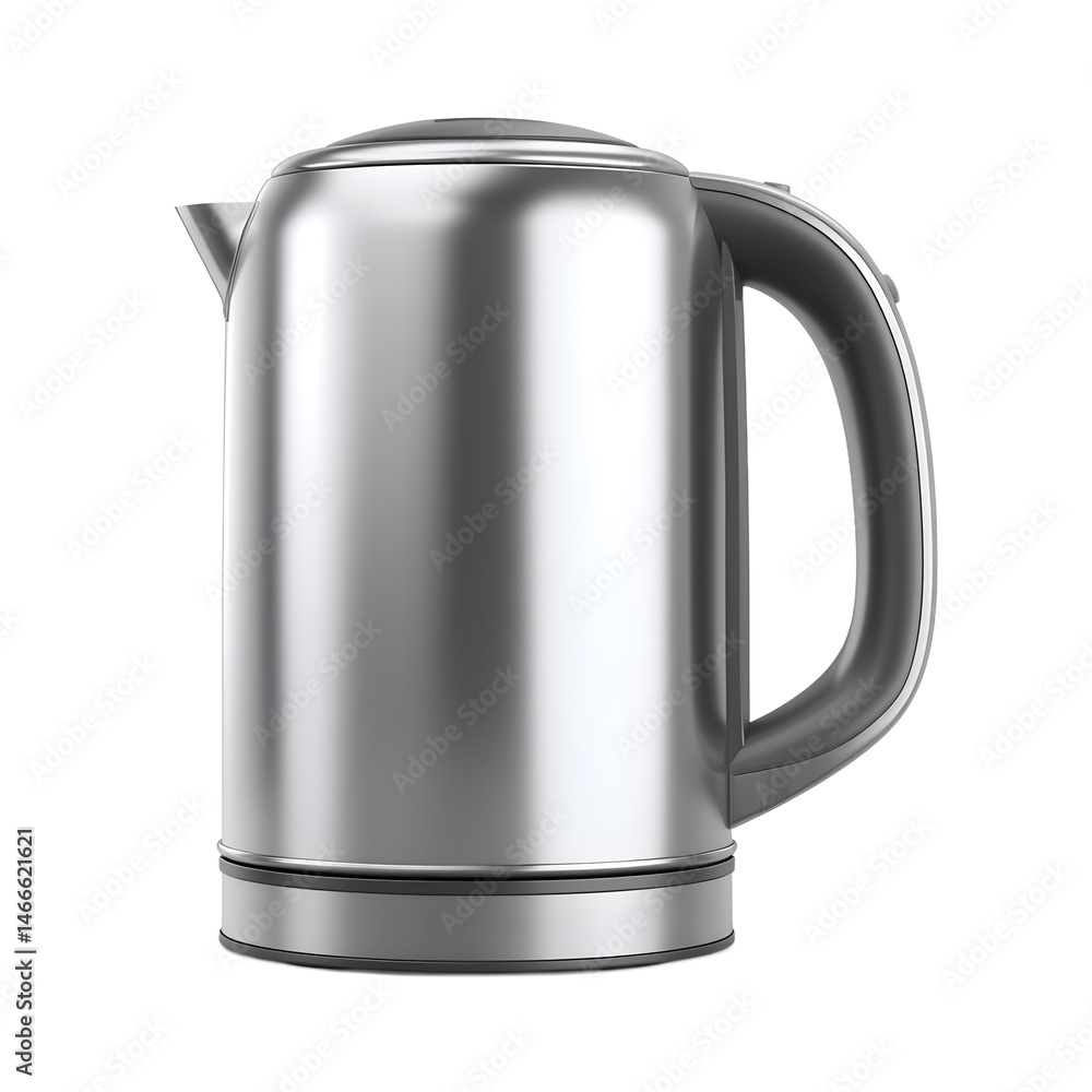 A shiny stainless steel electric kettle with a black handle and base sits isolated on a white background, ready to boil water for tea or coffee preparation. A shiny stainless steel electric kettle with a black handle and base sits isolated on a white background, ready to boil water for tea or coffee preparation.