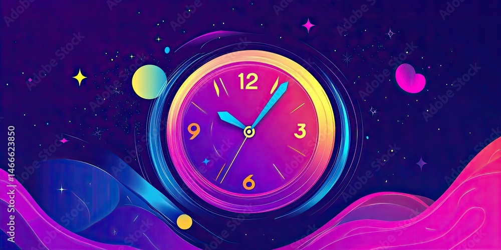 Cosmic Clock Time Warp in Space with vibrant stylized illustration. Cosmic Clock Time Warp in Space with vibrant stylized illustration.