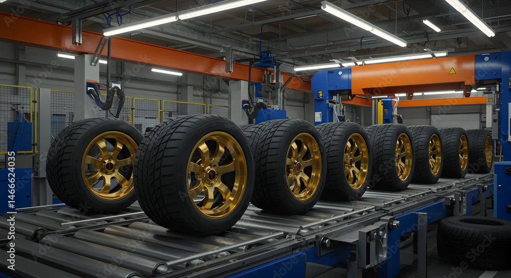 Obraz premium Line of Shiny Gold Rims Tires on Conveyor Belt in Brightly Lit Factory with Blue and Orange Industrial Machinery