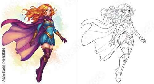 Superheroine Illustration: A captivating illustration of a powerful superheroine, rendered in a vibrant, dynamic style, embodies strength, courage, and heroism.