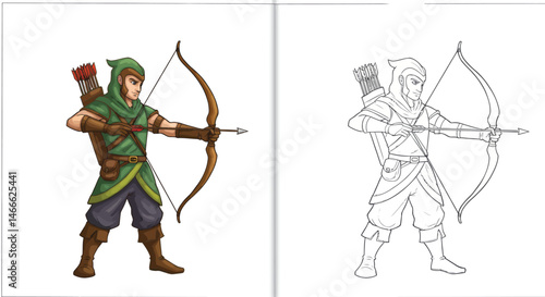 Archer Illustration: A whimsical illustration featuring an archer aiming with a bow and arrow, perfect for coloring book pages and storybook illustrations.