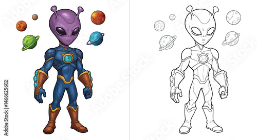 Alien Explorer in Cosmic Realm: An extraterrestrial figure, stands confidently, surrounded by vibrant planets, embodying the spirit of interstellar exploration and the mysteries of the cosmos. 