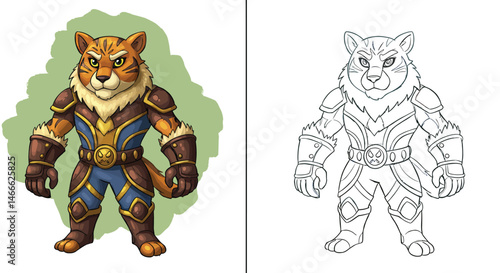 Brave Anthropomorphic Tiger: An illustrated anthropomorphic tiger wearing armor stands majestically. The colorful design depicts a brave warrior.