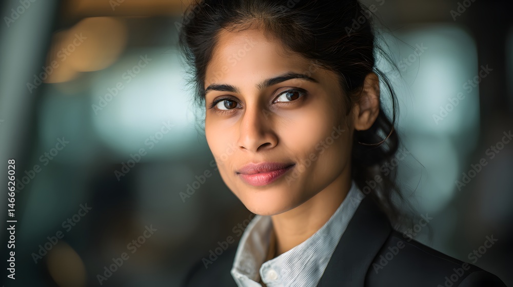 Fototapeta premium An Ethnic Indian Businesswoman Portraying Professionalism and Cultural Identity Wearing Dark Suit and White Shirt Against Soft Background Evoking a Sense of Elegance and Serenity