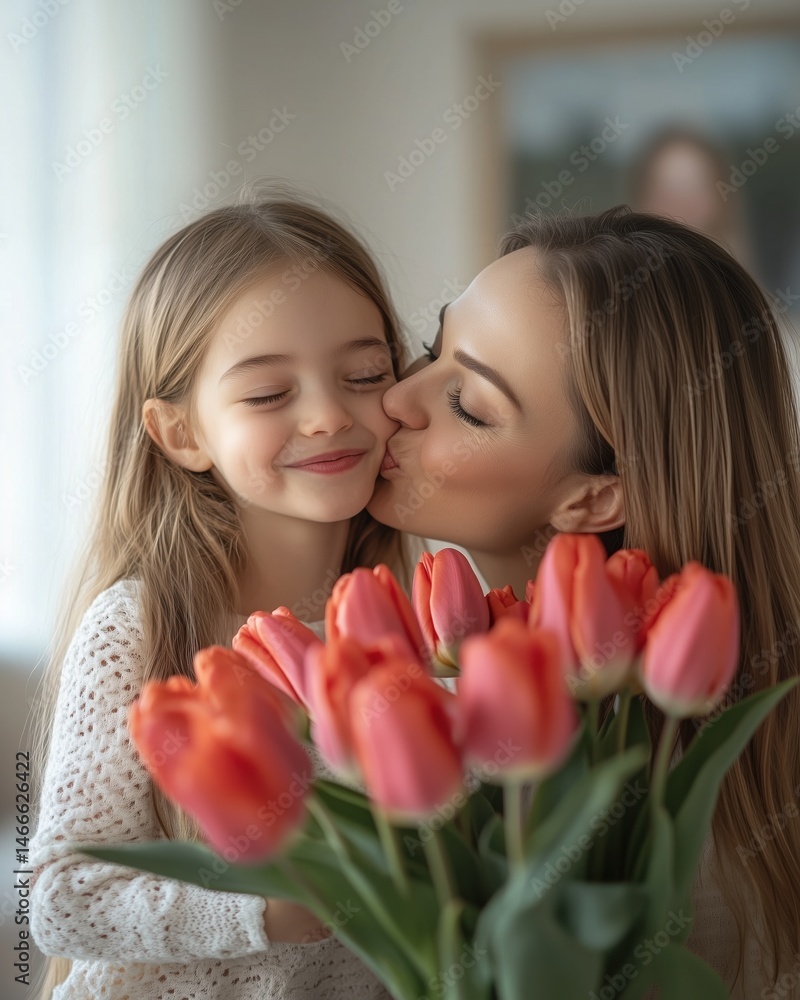 Happy daughter kissing mother on cheek while giving red tulip bouquet on Mother's Day celebration Happy daughter kissing mother on cheek while giving red tulip bouquet on Mother's Day celebration