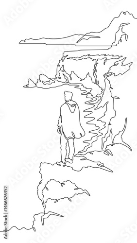 Continuous one line drawing a man stands on the top of a cliff. Seashore. Ocean bay. Steep cliffs. One continuous line isolated minimal vertical illustration.Not AI.