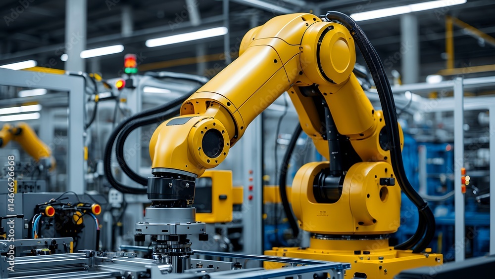Yellow robotic arm operating in modern industrial environment Yellow robotic arm operating in modern industrial environment