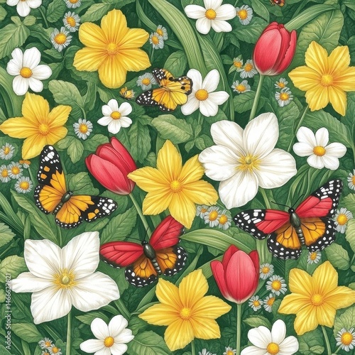 Wallpaper Mural Colorful butterflies and vibrant spring flowers in full bloom create a lively, cheerful garden scene. Torontodigital.ca