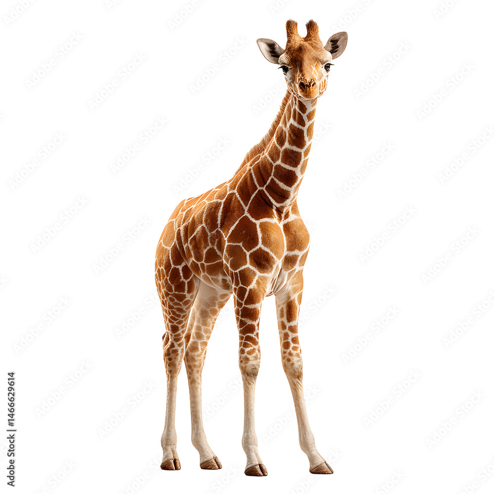 A young giraffe with a beautiful coat of brown and white spots stands gracefully against a clean white backdrop, looking directly at the viewer with curiosity. A young giraffe with a beautiful coat of brown and white spots stands gracefully against a clean white backdrop, looking directly at the viewer with curiosity.