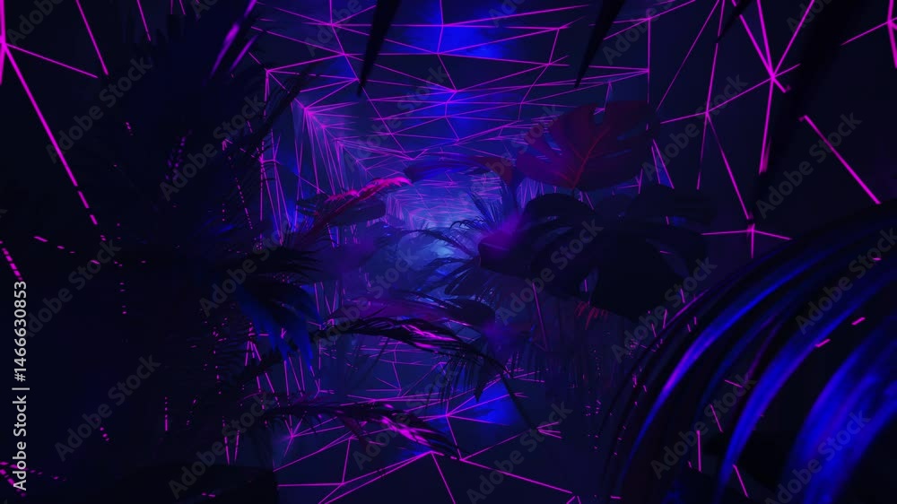 Purple and blue neon lights in a dark jungle with palm trees. Loop animation