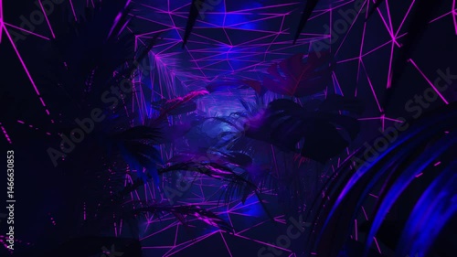 Purple and blue neon lights in a dark jungle with palm trees. Loop animation