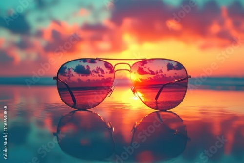 Wallpaper Mural Sunglasses reflecting a vibrant sunset over calm waters at the beach in the evening sky Torontodigital.ca