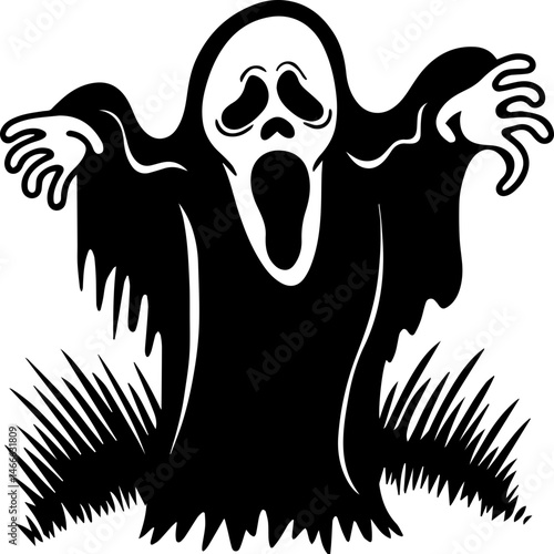 Halloween-themed SVG vector illustration with clean lines. Scary Ghost Face with Wide Open Mouth and Hollow Eyes