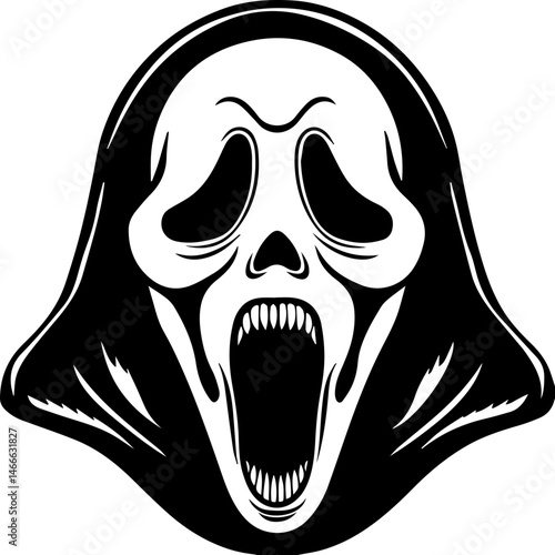 Halloween-themed SVG vector illustration with clean lines. Scary Ghost Emerging from Trees in Halloween Scene Design