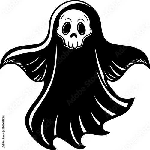 Halloween-themed SVG vector illustration with clean lines. Skulled Ghost with Chain in Black and White Design