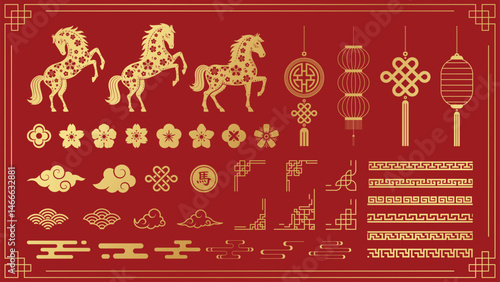 Chinese New Year 2026 icon set. Includes lanterns, horse, clouds, flowers, and traditional decorative elements.