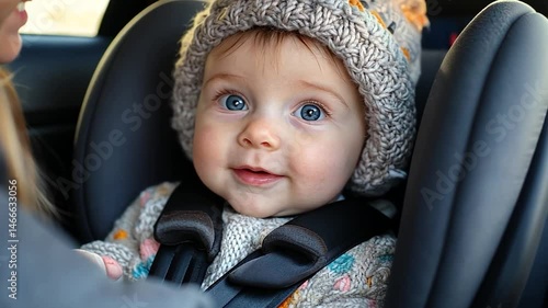 Close up on a baby with blue eyes and a gray knit hat, buckled into a gray car seat with black straps. Soft lighting highlights the child's face and the interior of the vehicle