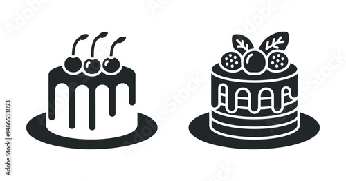 Two Delicious Cake Icons Cherry and Berry Toppings Sweet Dessert Treats Bakery Menu Graphic Design Elements