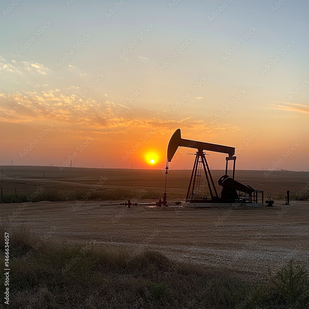 Naklejka premium Industrial working oil pump on crude oil field at sunset