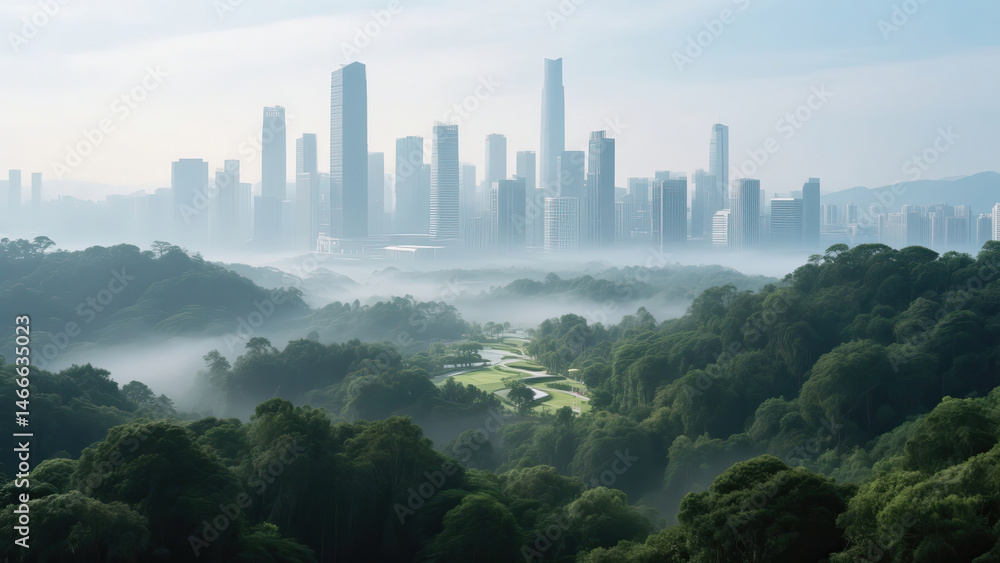 Obraz premium Serene urban landscape with a modern cityscape and lush green forests amidst morning fog